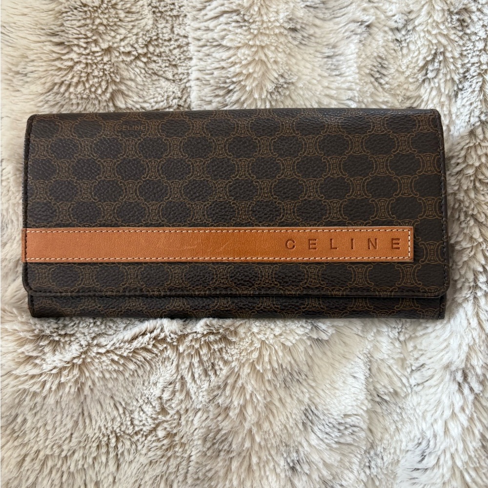 Celine Brown Coated Canvas Macadam Long Wallet - Authentic